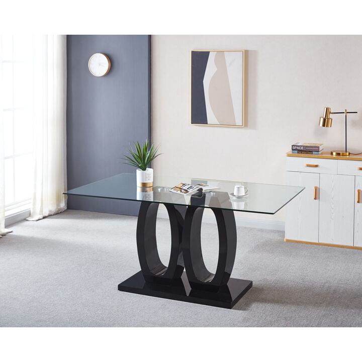 Contemporary Tempered Glass Top Double Pedestal Dining Table, Size 63 X 35.4 X 29.5