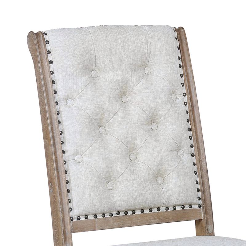 Button Tufted Fabric Side Chair with Cabriole Legs,Set of 2,Brown and Cream-Benzara