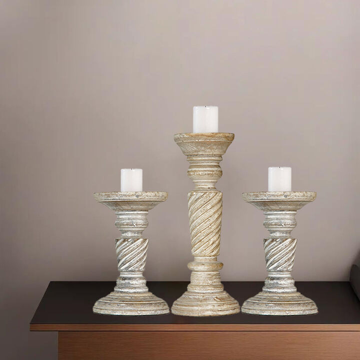Traditional Antique White Eco-friendly Handmade Mango Wood Set Of Three 6",9" & 6" Pillar Candle Holder BBH Homes