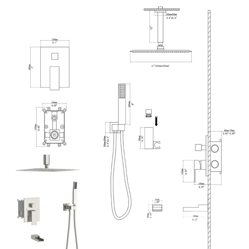 12" Rain Shower Head Systems With Waterfall Tub Spout, Light Brushed Nickel, Ceiling Mounted Shower