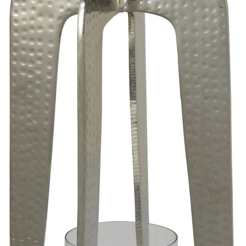 Brie Candle Holder Lantern, 23 Inch, Silver Metal Frame, Glass Shade - Benzara
