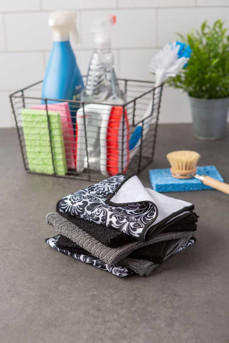 Set of 6 Black and White Square Microfiber Dishcloth  12"