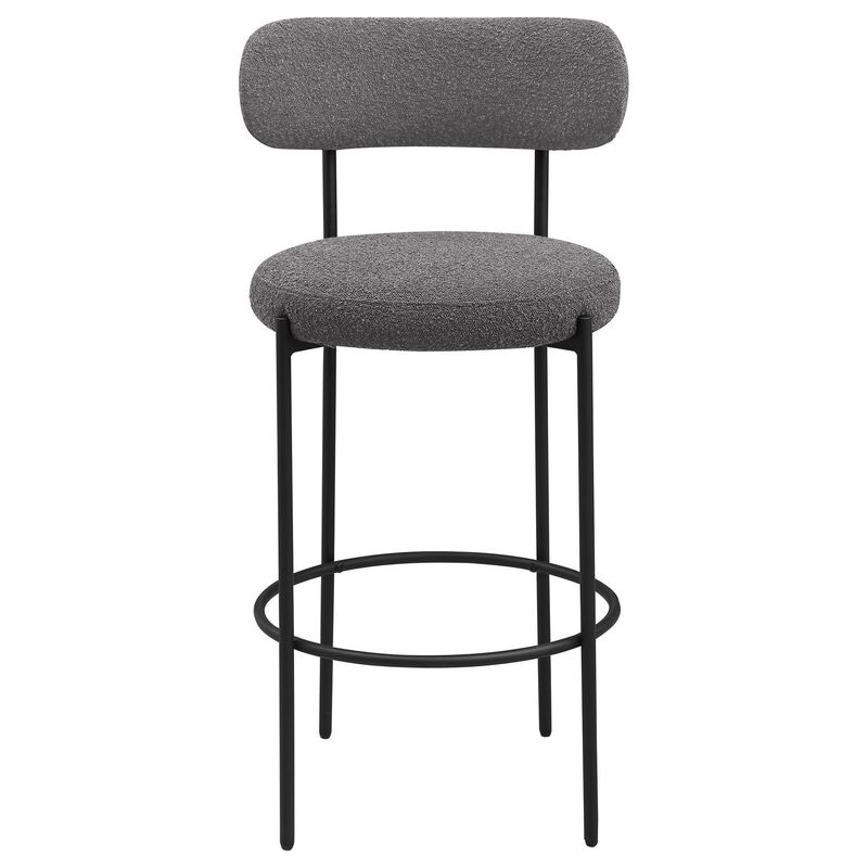 Winona Bar Chair Set of 2, Gray Boucle Fabric, Black Metal 30 Inch - Benzara