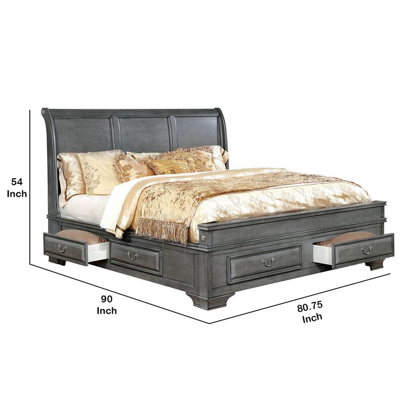 Transitional Eastern King Wooden Bed with Multiple Bottom Drawers, Gray-Benzara