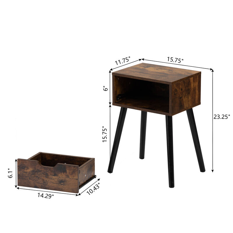 Mid-Century Industrial Nightstand with 1 Drawer for Bedroom
