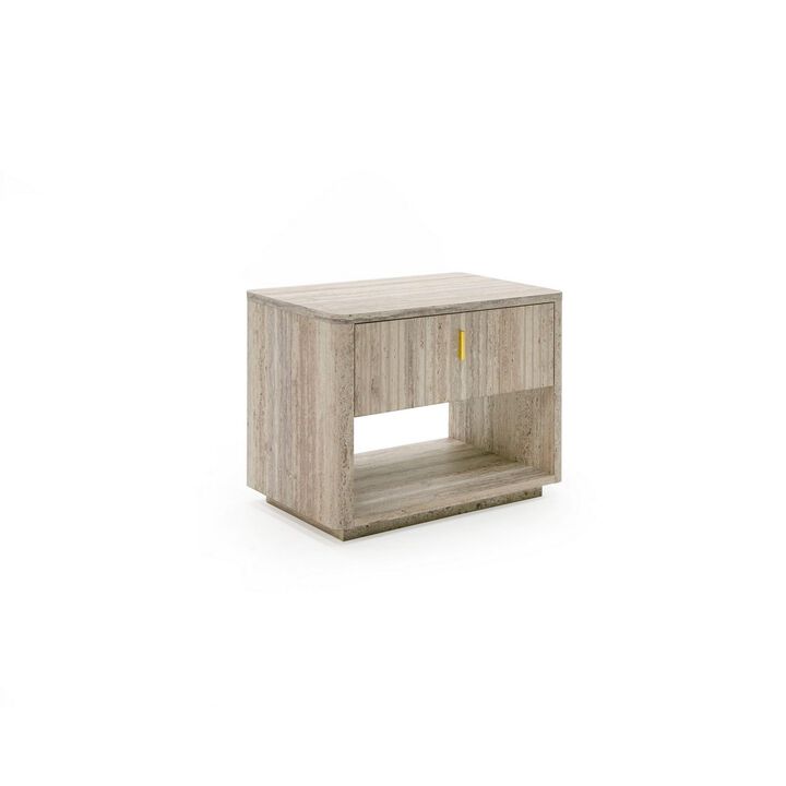 Benjara Fly 32 Inch Nightstand, 1 Drawer, 1 Sleek Handle, Travertine, Gray and Gold