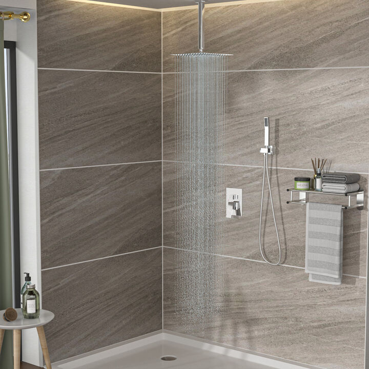 Ceiling Shower Set - 16 Inch Square Shower Set, Dual Shower Heads, Chrome