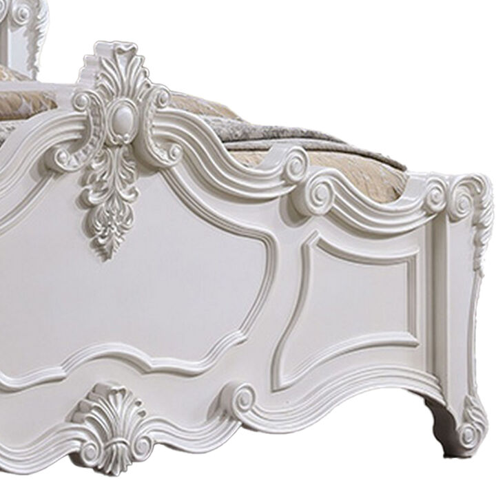 Frank King Size Bed, Carved Details, Finial Posts, Classic White Solid Wood - Benzara