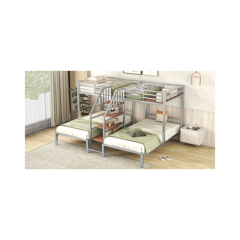 Metal Twin Over Twin & Twin Bunk Bed, Triple Bunk Bed With Storage Shelves Staircase, Silver