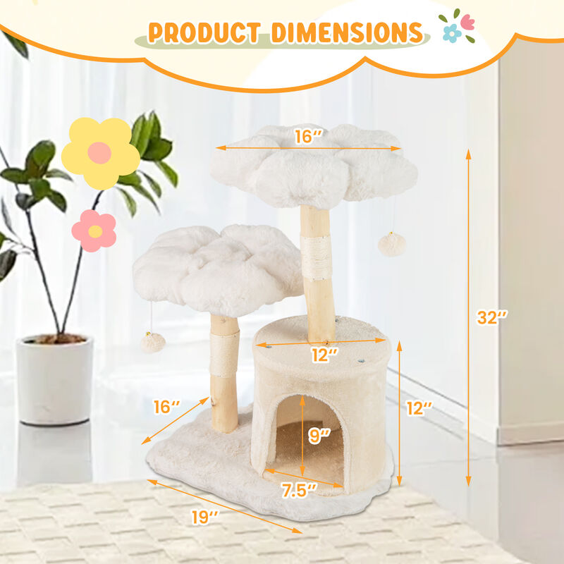 Cute Solid Wood Cat Tree Natural Branch Modern Flower Cat Tower with Sisal Scratching Posts