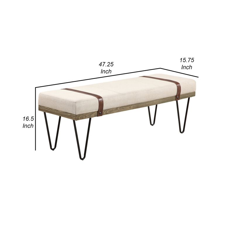 47 Inch Accent Bench, Faux Leather Straps, Black Hairpin Legs, Beige Fabric-Benzara