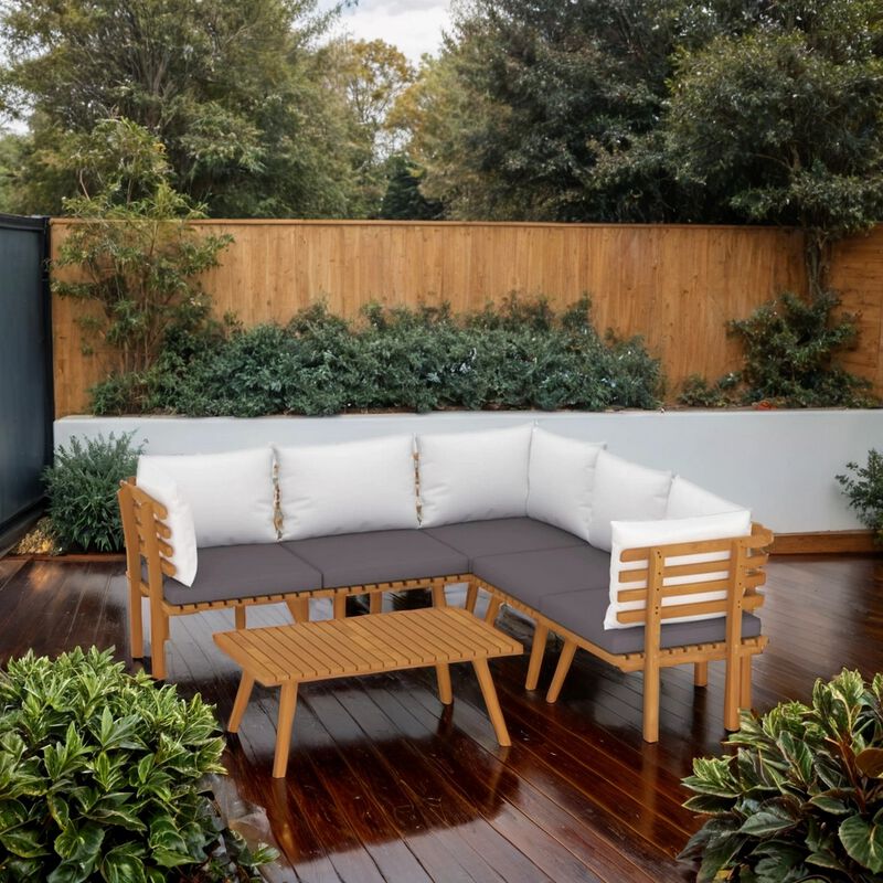 Roma 6pc Outdoor Modular Sofa Set, 1 Table, Gray White, Acacia Wood - Benzara