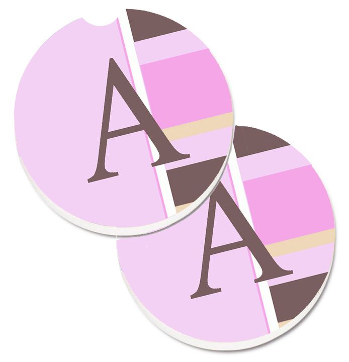 Caroline's Treasures Letter A Monogram - Pink Stripes Set of 2 Cup Holder Car Coasters CJ1005-ACARC, 2.56, Multicolor