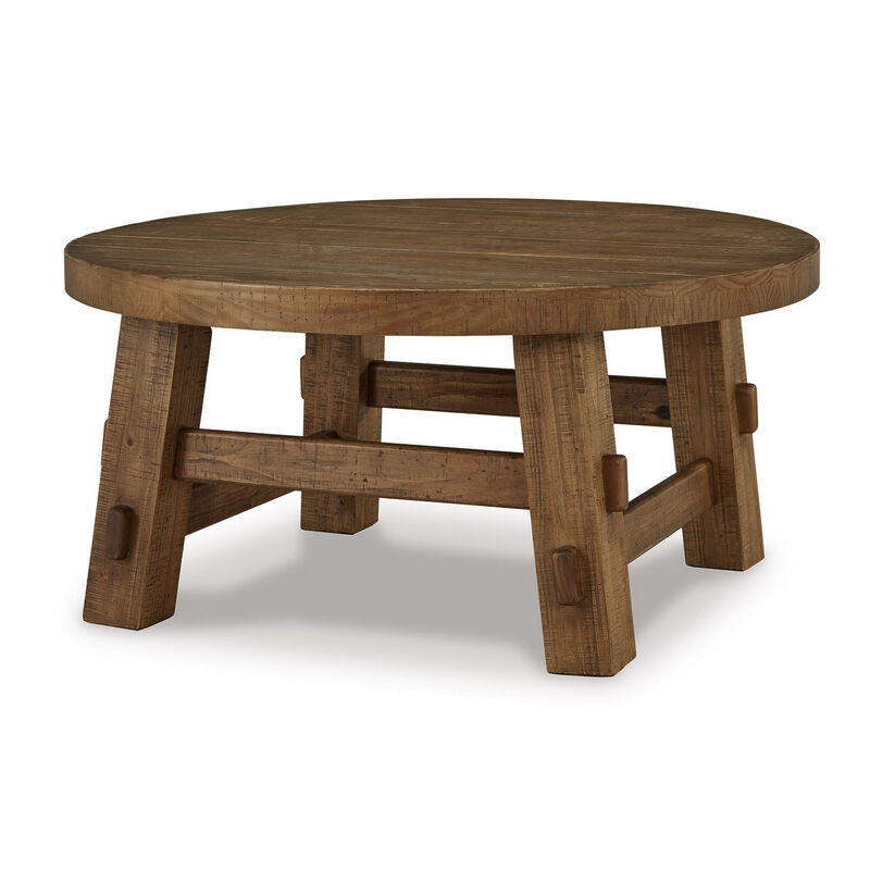 Ack Round Cocktail Coffee Table, Block Legs, 40 Inch Brown Pine Wood - Benzara