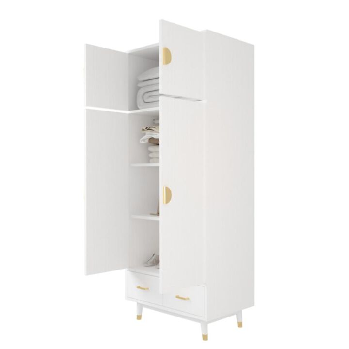 Wooden Wardrobe 4 Doors, 2 Drawers, and Clothes Rail for Organized Storage