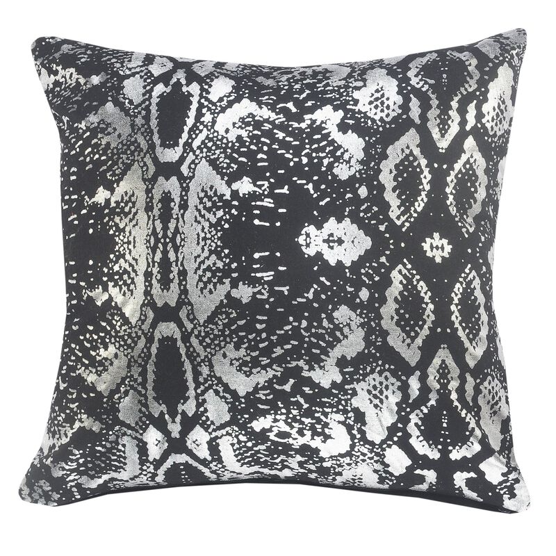 20" Black and Silver Metallic Snakeskin Square Throw Pillow