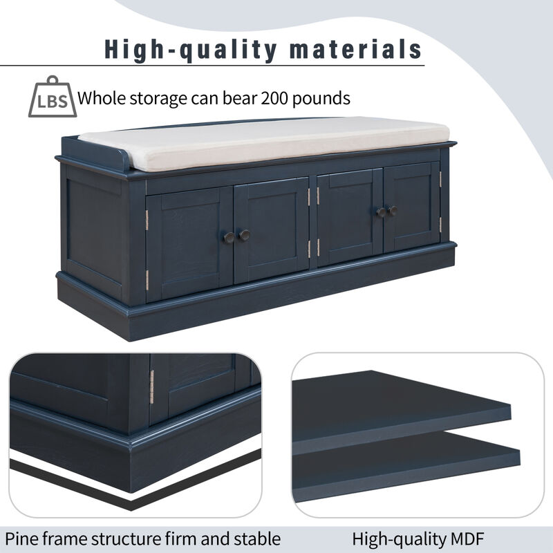 Storage Bench With 4 Doors And Adjustable Shelves, Shoe Bench With Removable Cushion