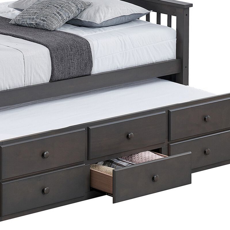 Veran Twin Over Full Bunk Bed, Trundle and 3 Drawers, Dark Gray Solid Wood