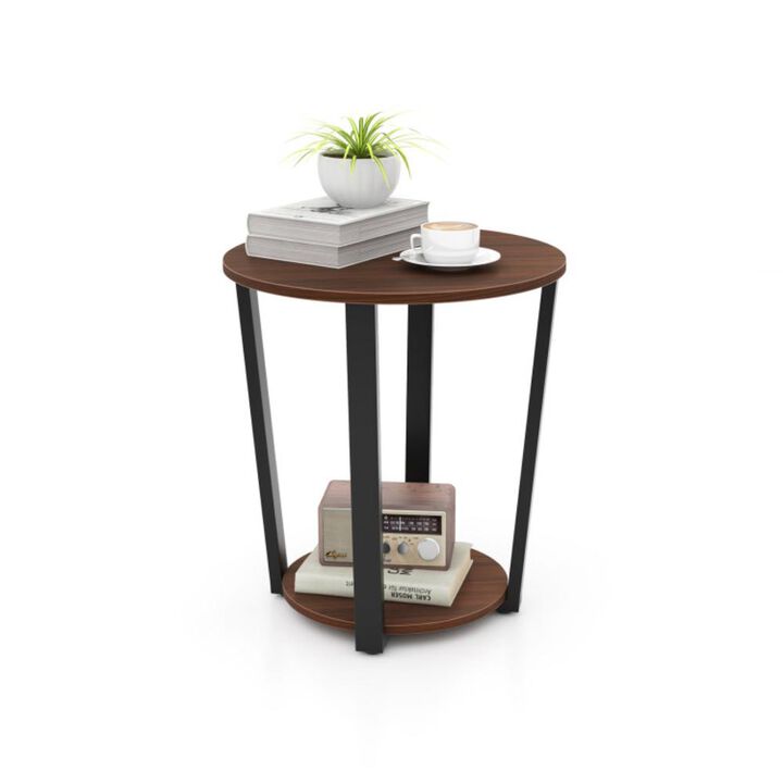 Hivvago Round End Table with Open Shelf and Metal Frame-Walnut