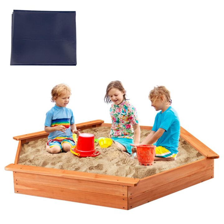 Hivvago Hexagon Wooden Cedar Sand Box with Seat Boards