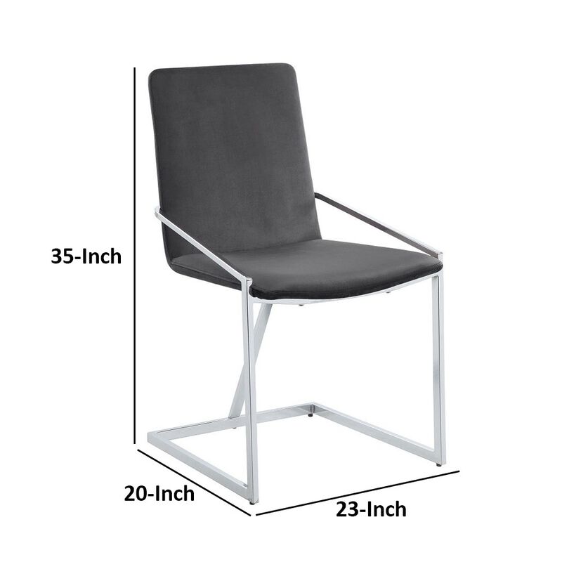 23 Inch Side Dining Chair Set of 2, Gray Velvet, Modern Chrome Metal Base - Benzara
