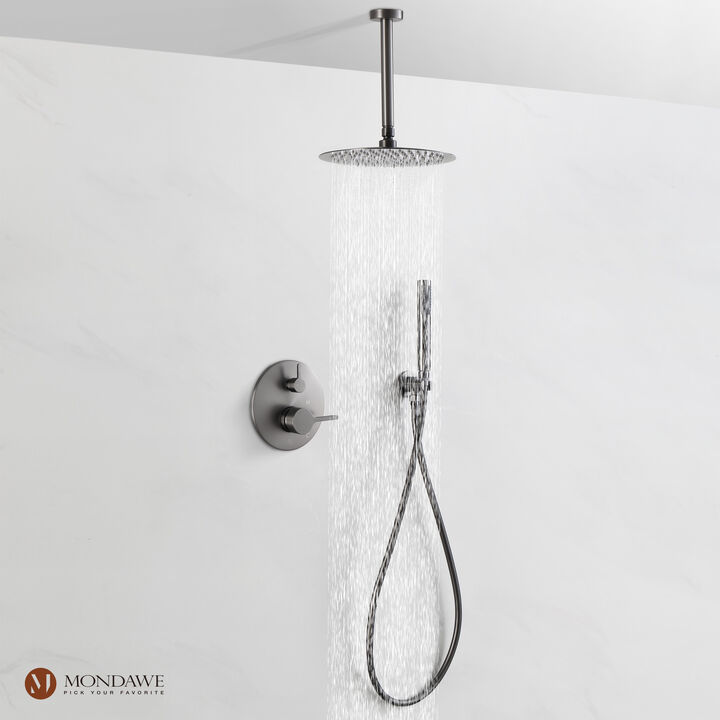 Mondawe Round 1-Spray Patterns Balance Valve Shower Faucets Set with 2.5 GPM Ceiling Mount Dual Shower Heads in Chrome