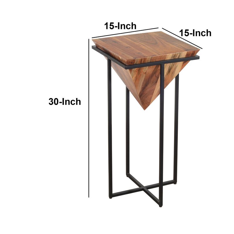 30 Inch Pyramid Shape Wooden Side Table With Cross Metal Base, Brown and Black-Benzara