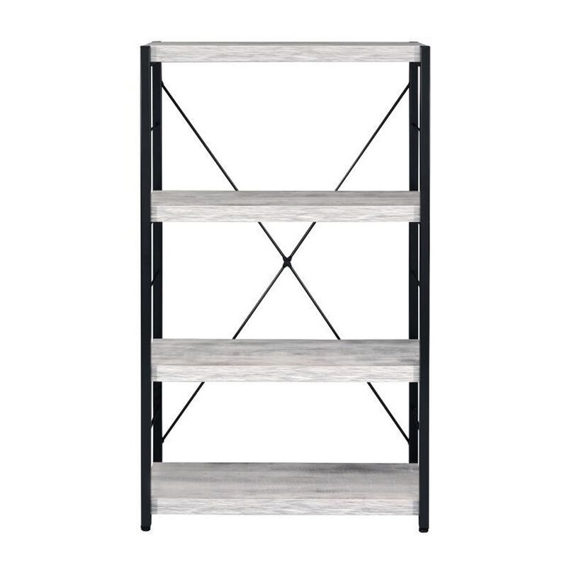 Industrial Bookshelf with 4 Shelves and Open Metal Frame, White and Black-Benzara