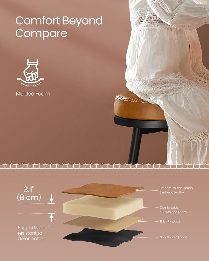 Bar Stools Set of 2, Bar Height Swivel Bar Stools, Synthetic Leather with Stitching, Mid-Century Modern, 30-Inch Tall