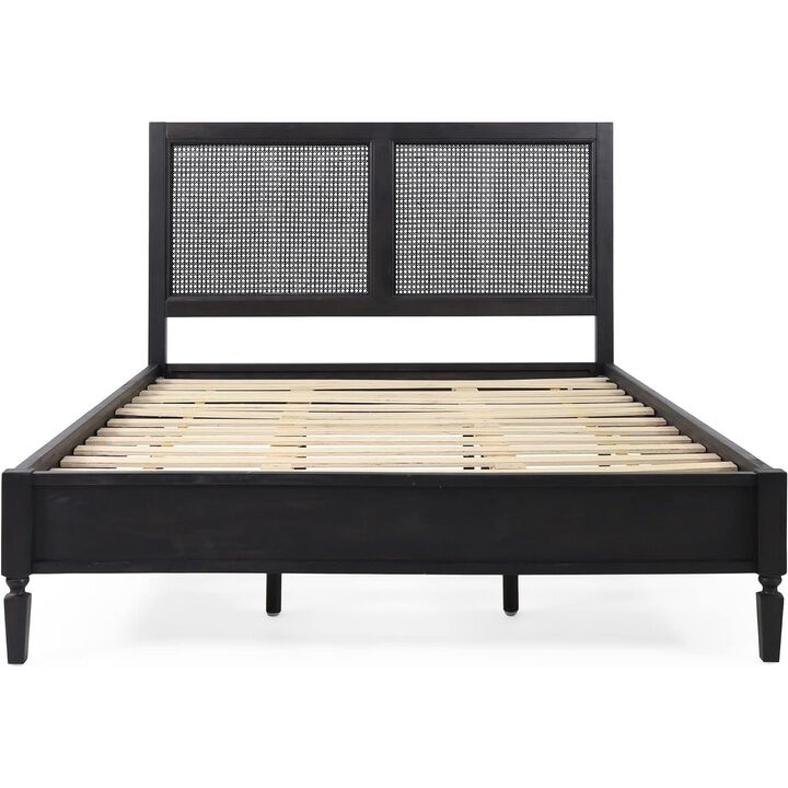 Queen Bed, Cane Rattan Upholstered Headboard, Dark Gray Acacia Wood - Benzara