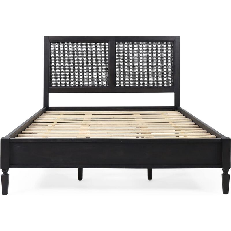 Queen Bed, Cane Rattan Upholstered Headboard, Dark Gray Acacia Wood - Benzara