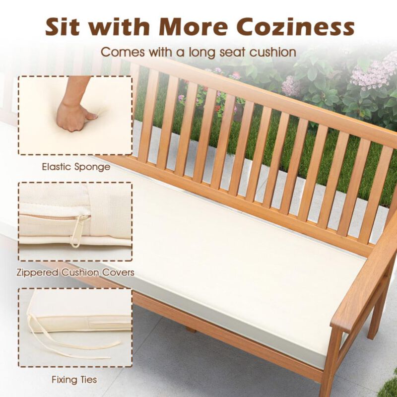 Hivvago Outdoor 3-Seat Wood Bench with Seat Cushion and Slatted Seat-Natural