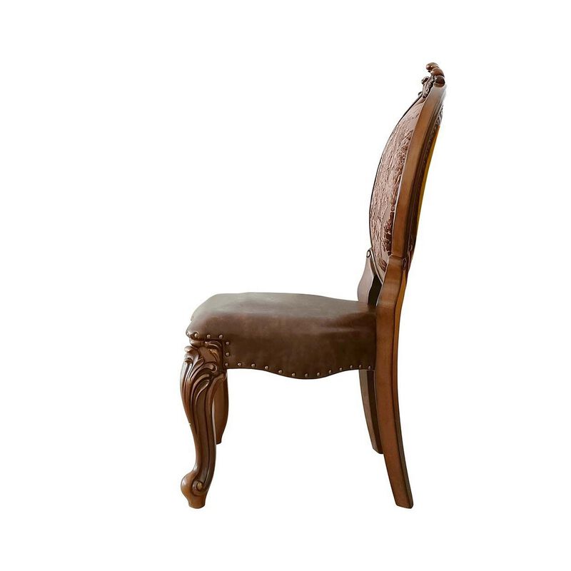 Kai 25 Inch Set of 2 Dining Chair, Scrolled Legs Tufted Faux Leather, Brown-Benzara