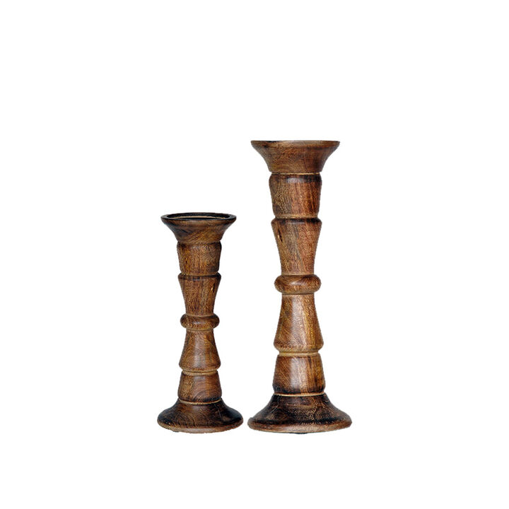Traditional Medium Burnt Eco-friendly Handmade Mango Wood Set Of Two 9" & 12" Pillar Candle Holder BBH Homes