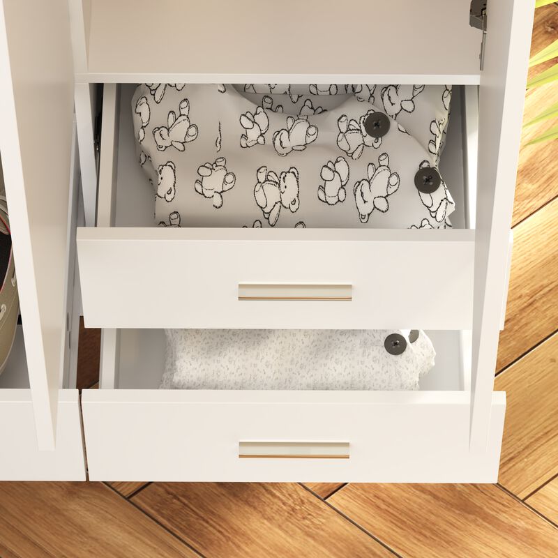 White Wood 47.2 in. W 3-Door Bedroom Armoire Wardrobe Closet Cabinet with Hanging Rod, Drawers, Shoe Rack