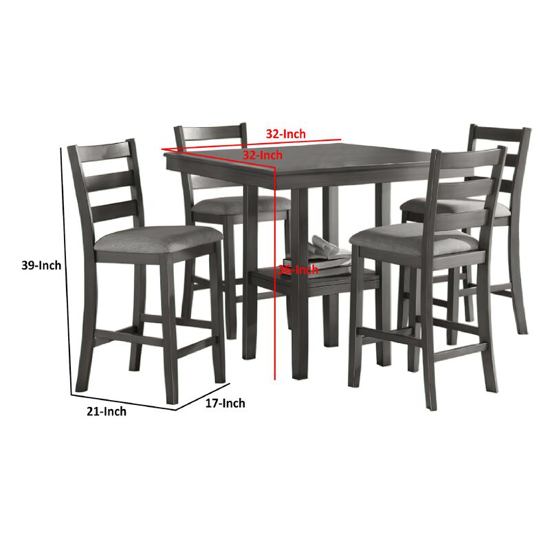 5 Piece Counter Height Dining Set, Table and 4 Chairs, Padded Seats, Gray - Benzara