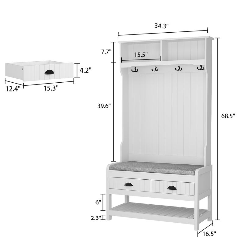68.5 in. White Wood 3-in-1 Hall Tree Coat Rack Storage Bench with 4-Metal Double Hooks and 2-Drawers, Shelves