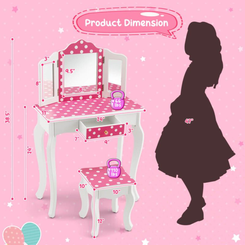 Hivvago Kids Vanity Table and Stool Set with Cute Polka Dot Print-Pink