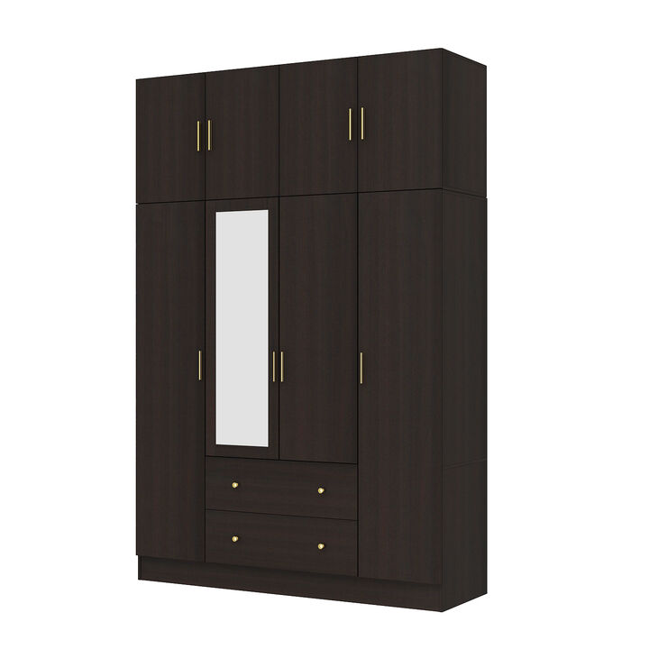 FUFU&GAGA Four-Door Wardrobe with Mirror, Top Cabinet, and Drawers (63" W x 19.7" D x 94.5" H),White