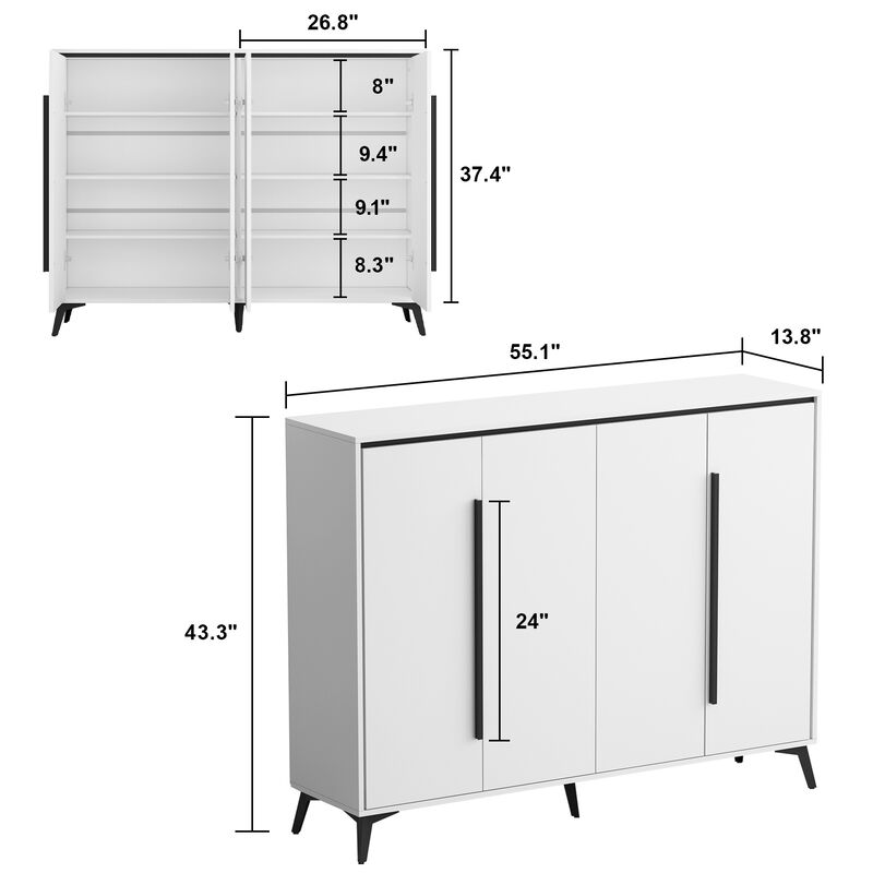 FUFU&GAGA White Shoe Cabinet with Adjustable Shelves, 4 Tiers, 24 Pair Shoe Capacity, 55.1-in Width, 43.3-in Height