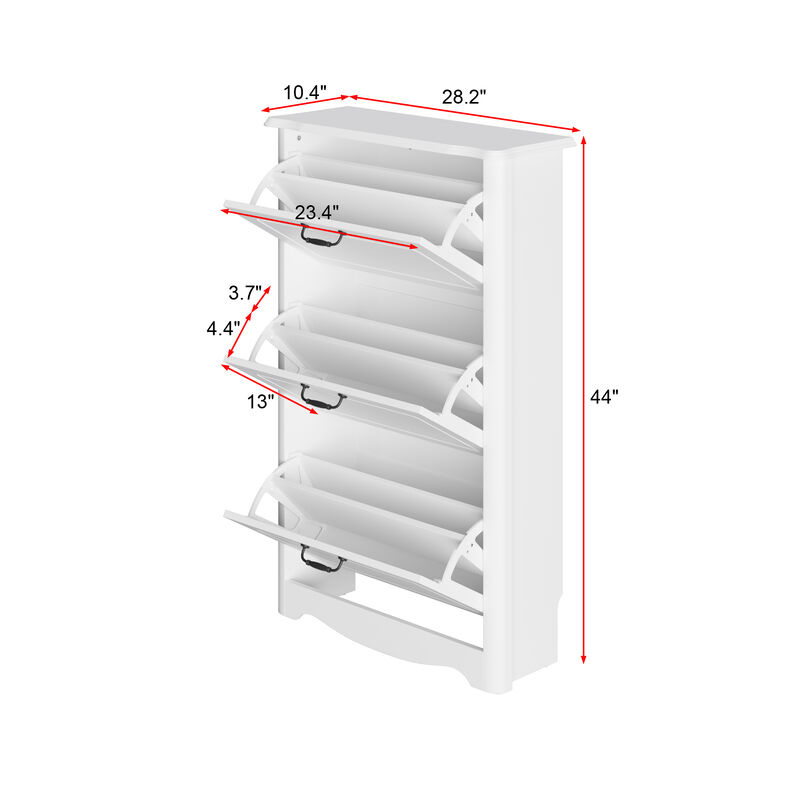 FUFU&GAGA 44" H 3-Tier White MDF Shoe Cabinet with Flip Drawers, Holds 12 Pairs ,(28.2" W x 10.4" D x 44" H),White