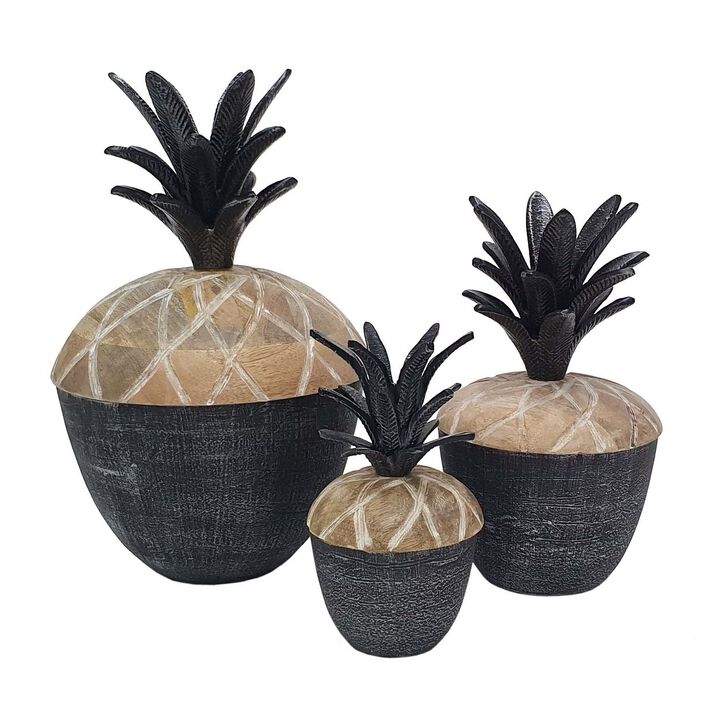 14, 12, 11 Inch Lidded Jar, Pineapple Design, Gray Mango Wood, Set of 3-Benzara