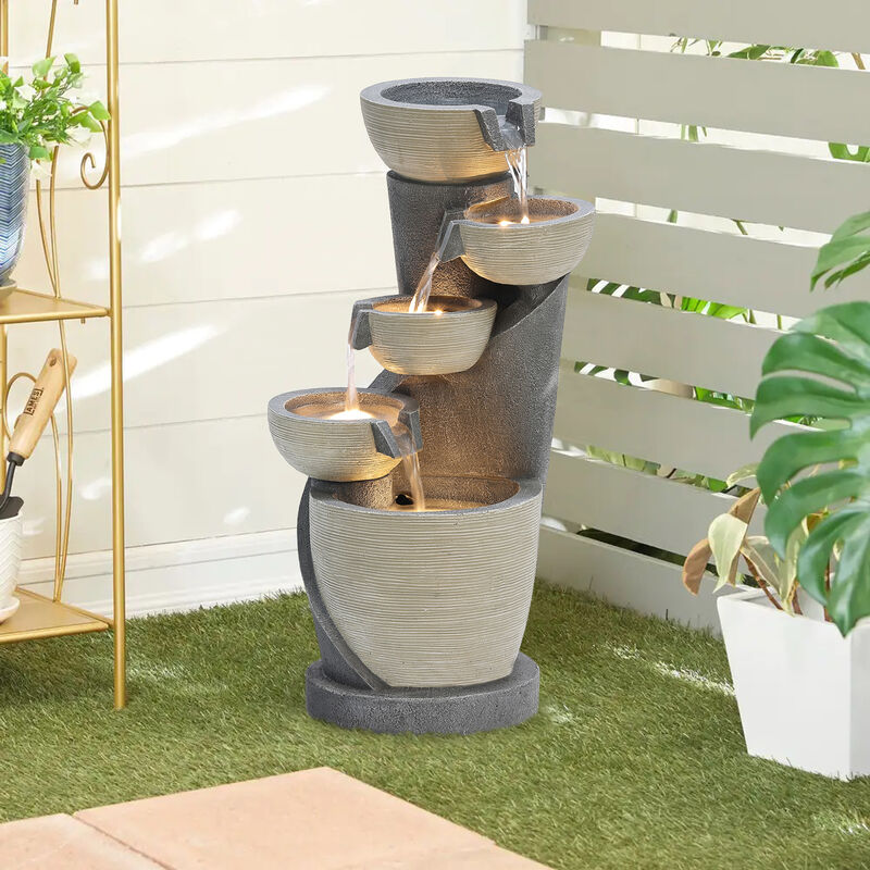 LuxenHome Gray Cascading Bowls and Column Resin Outdoor Fountain with LED Lights