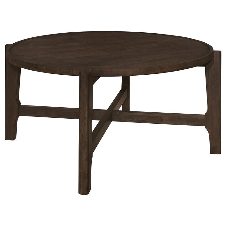 Katie Coffee Table, Round 38 Inch Top, Dark Brown Wood, Cross Beam Legs - Benzara