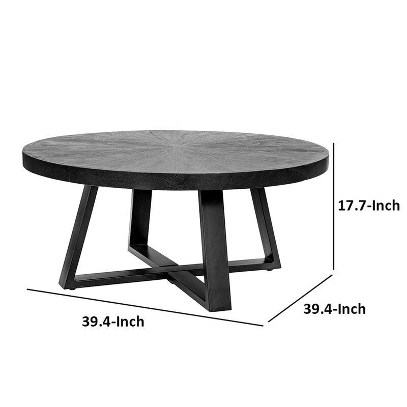 Benjara Raj 39 Inch Round Coffee Table, Cross Legs Design, Black Acacia Wood, Iron