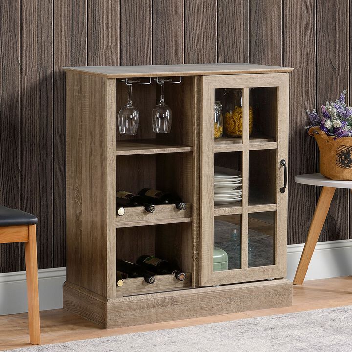 Brown Bar Cabinet: Sideboard with Sliding Glass Door & Wine Rack