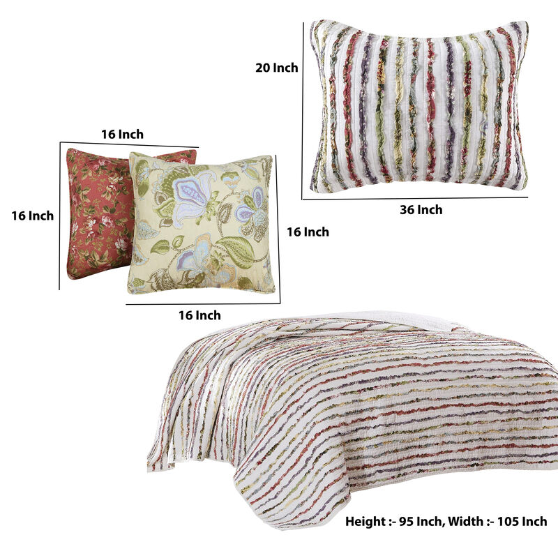 Five Piece King Size Cotton Quilt Set with Sewn Floral Ruffles, Multicolor - Benzara