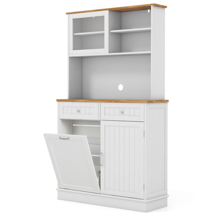 Hivvago Double Tilt Out Trash Cabinet with Hutch and Rubber Wood Countertop Hivvago Double Tilt Out Trash Cabinet with Hutch and Rubber Wood Countertop