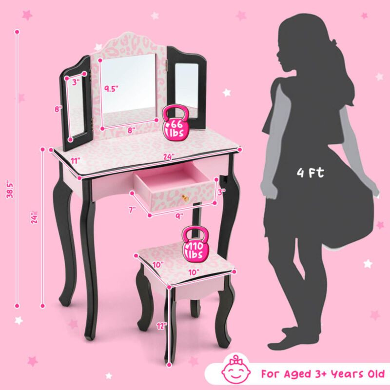 Hivvago Kid Vanity Set with Tri-Folding Mirror and Leopard Print-Pink
