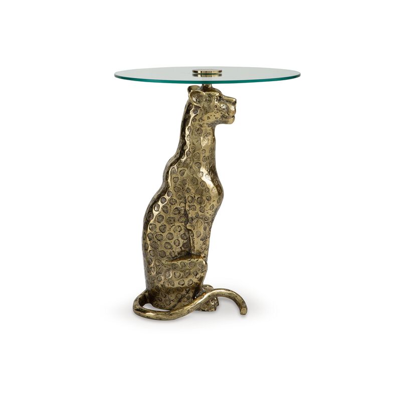 Accent Table, Gold Cast Metal Leopard Design, 18 Inch Glass Round Top - Benzara